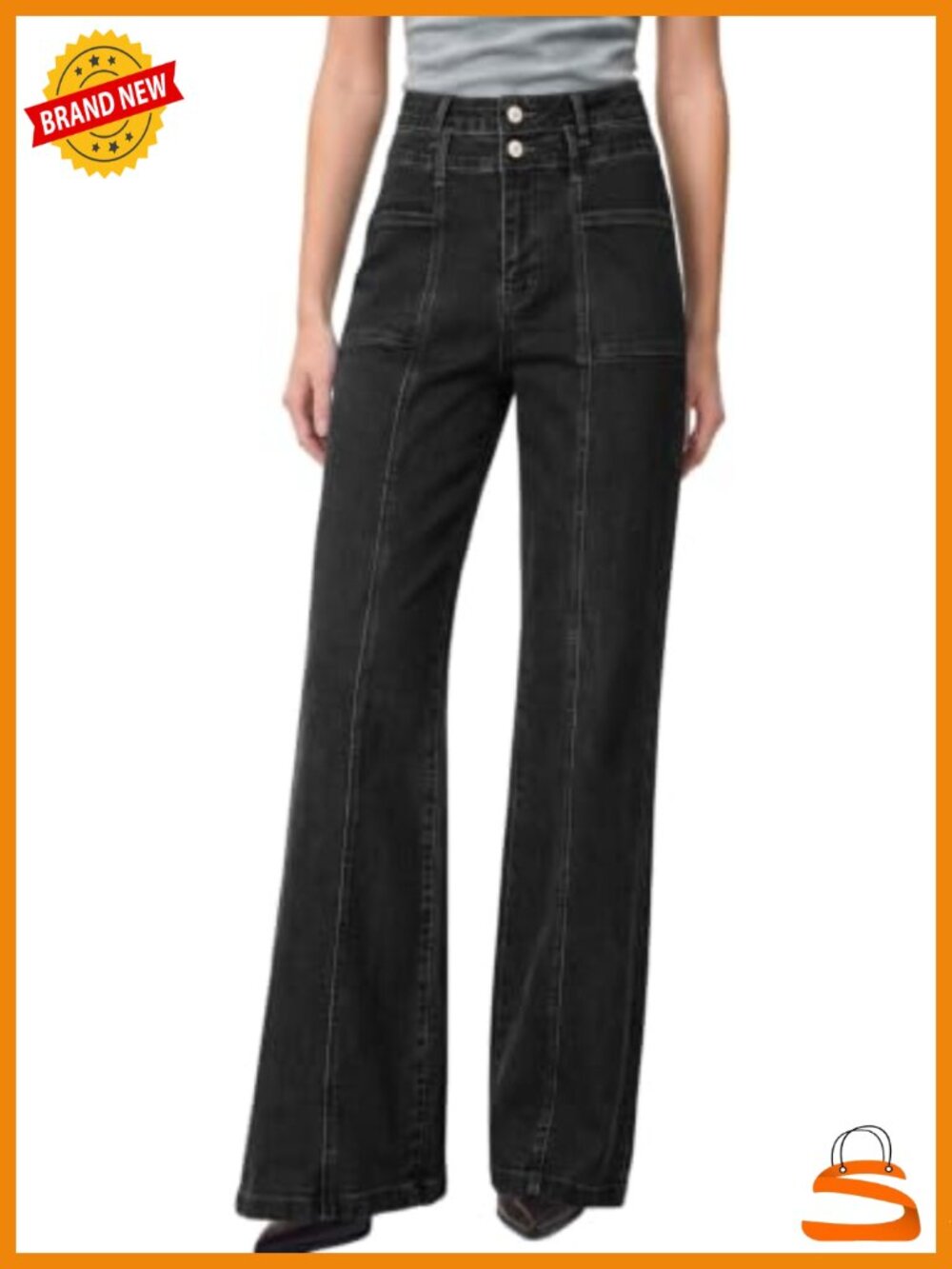 High Waisted Wide Leg Jeans Double Button Seamed Stretchy Denim Pants